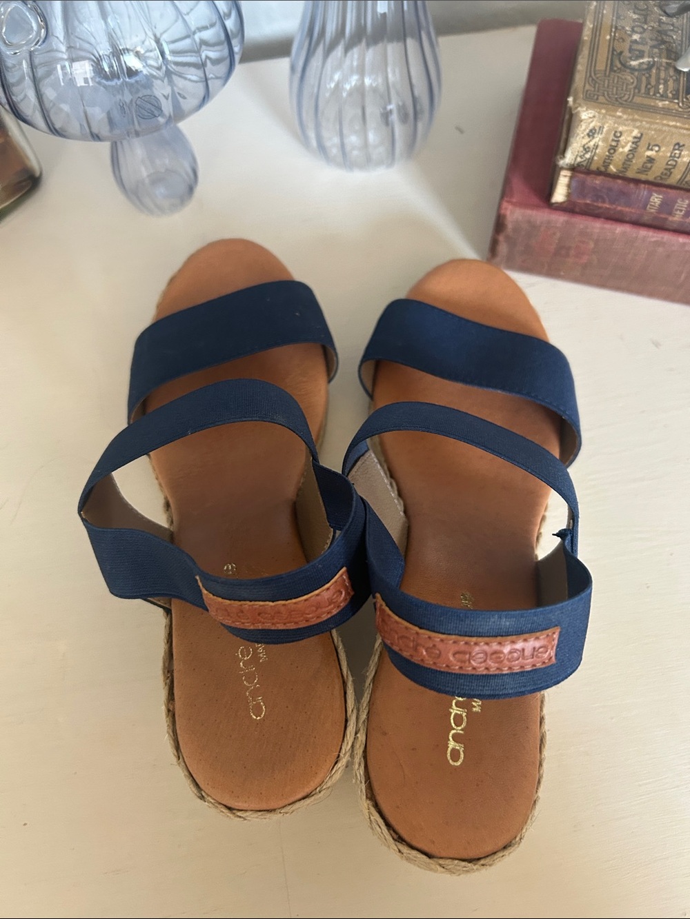 Andre Assous Navy Elastic Strap Espadrille Wedges with Tan Footbed - Picture 4 of 5